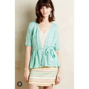 Anthropologie‎ Lil Cardigan Belted Knit Top Peplum Mint Green Short Sleeve NWT